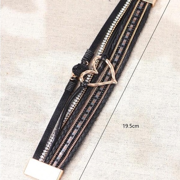 Black Rhinestone Druzy and. Heart Faux Leather Fashion Bracelet BR03 - Picture 3 of 3